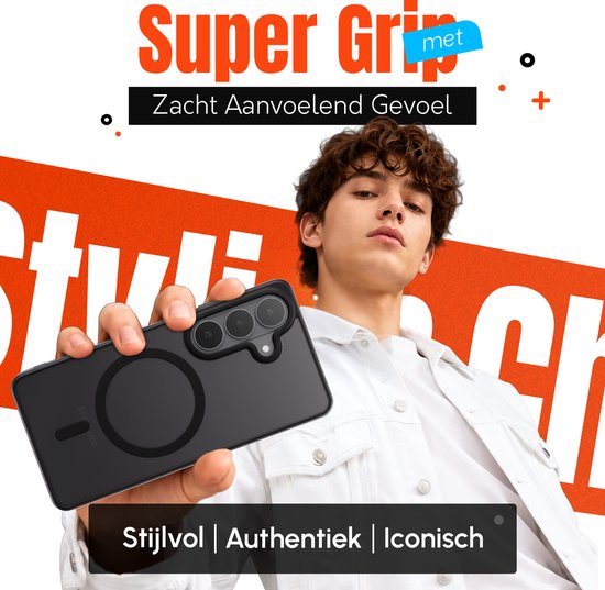 Een man die een zwart telefoonhoesje met een magnetische ring vasthoudt. Tekst: "Super Grip", "Stijlvol", "Authentiek", "Iconisch".