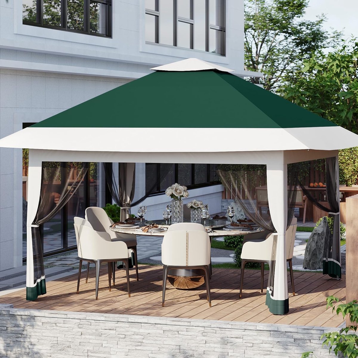 Partytent met Muggennet - 3.9x3.9m - Waterafstotend Pop-up Paviljoen met Zandzakken - UV-bescherming - Ventilatie - Voor Terras, Tuin, Camping en Grillen - Donkergroen