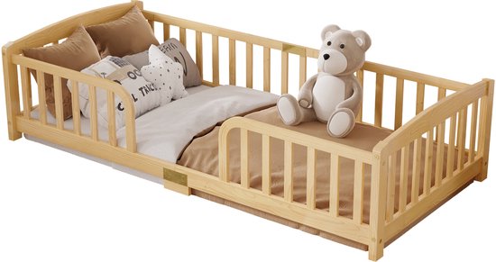 Kinderbed 90x200 cm - Eenpersoonsbed - Vloerbed - Houten frame - Met veiligheidsreling - Hoofdingang - Veilig en comfortabel - Creëer een Veilige & Stijlvolle Slaapomgeving - Natuurlijke houtkleur