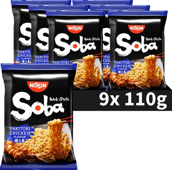 Negen verpakkingen Nissin Soba Yakitori Chicken noedels. Een verpakking toont de tekst '9x 110g'.