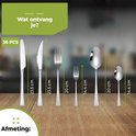 Afmetingen van een zilverkleurige bestekset met 36 onderdelen: mes 23.5cm, vork 20cm, lepel 20cm, dessertmes 23.5cm, dessertvork 14.4cm, dessertlepel 14.4cm.