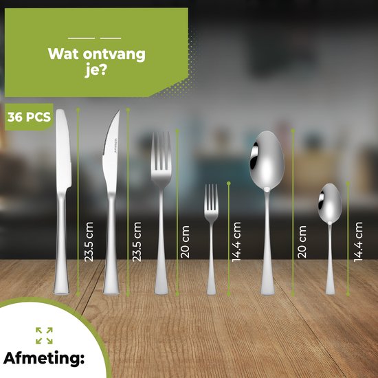 Afmetingen van een zilverkleurige bestekset met 36 onderdelen: mes 23.5cm, vork 20cm, lepel 20cm, dessertmes 23.5cm, dessertvork 14.4cm, dessertlepel 14.4cm.