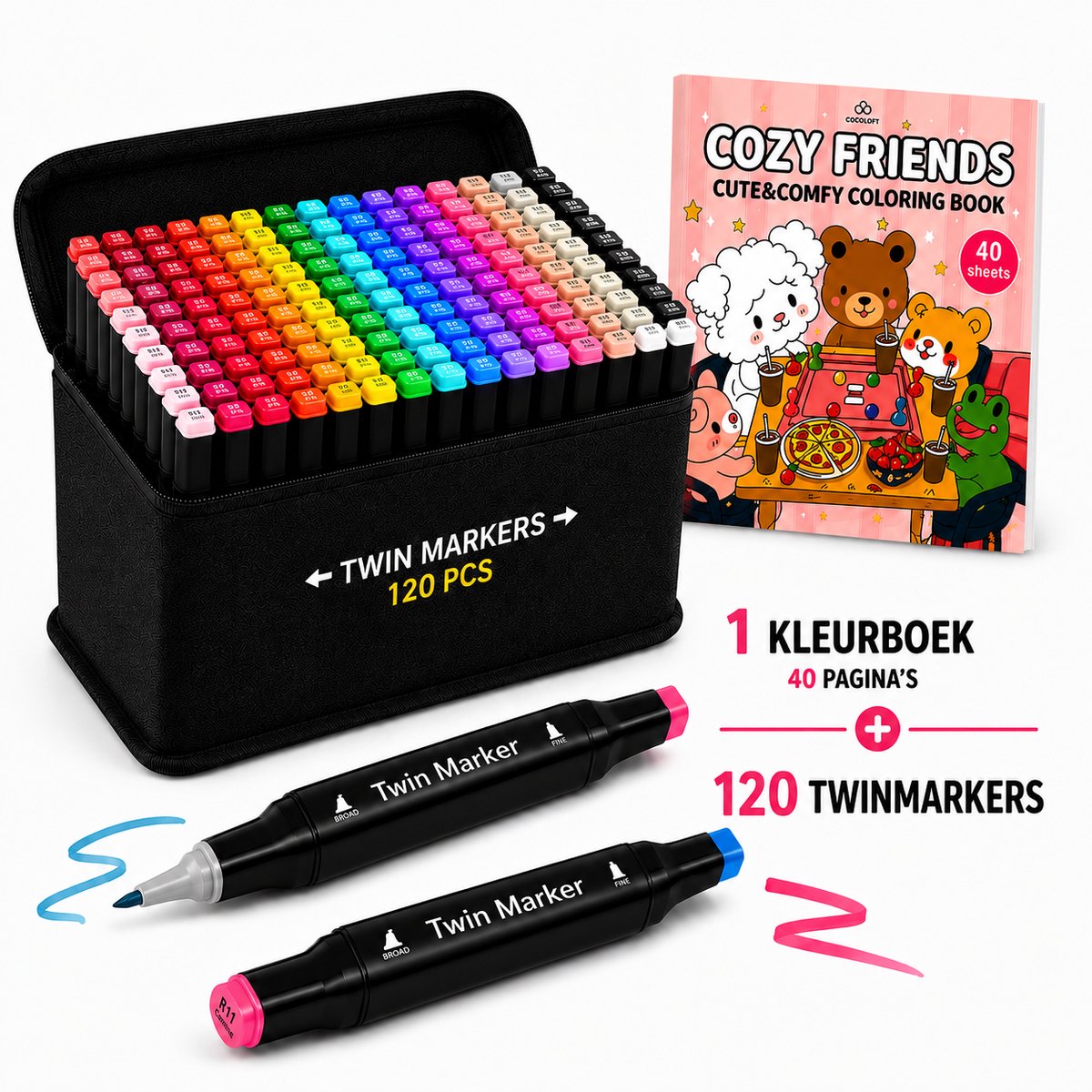Twinmarkers - 120 STUKS - Alcohol markers - Dubbelzijdige Stiften - Markeerstiften - INC KLEURBOEKJES - Combi deal - Cozy Coloring Book - Fuzzy Hygge - alcoholstiften - Kleuren voor kinderen en volwassenen - Hobby & Professionele Set