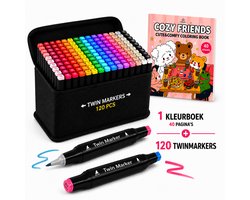 Twinmarkers - 120 STUKS - Alcohol markers - Dubbelzijdige Stiften - Markeerstiften - INC KLEURBOEKJES - Combi deal - Cozy Coloring Book - Fuzzy Hygge - alcoholstiften - Kleuren voor kinderen en volwassenen - Hobby & Professionele Set