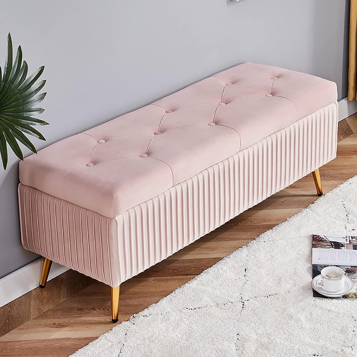 Opbergbank Fluwelen - Poef Bank - Extra Zitplaats - Getufte Stijl - 60x40x45cm - Roze