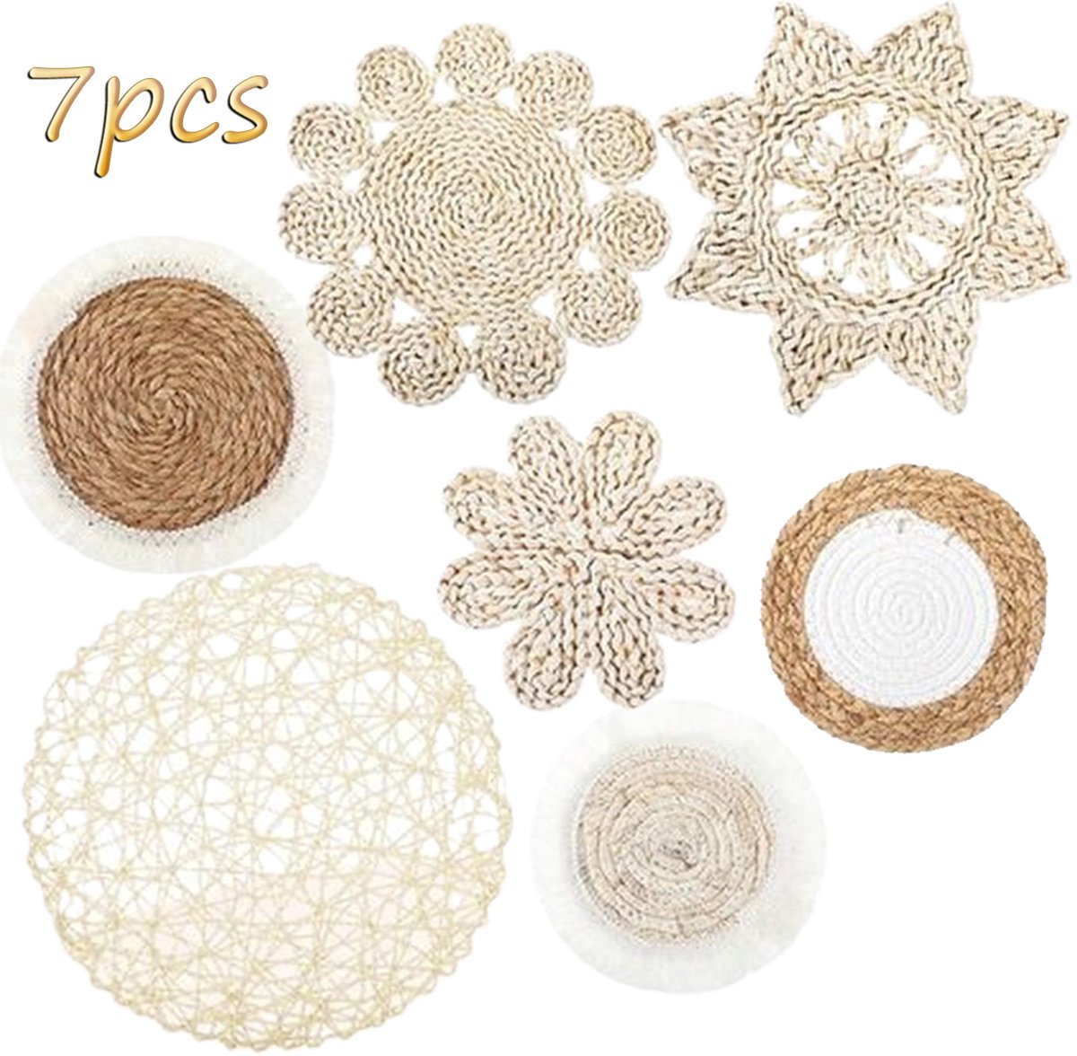7-Piece Boho Wandmandenset - Handgemaakte Seagrass & Rattan Muurdecoratie - Decoratieve Ronde Wandmanden voor Woonkamer, Slaapkamer & Hal - Bohemian Wandhangers