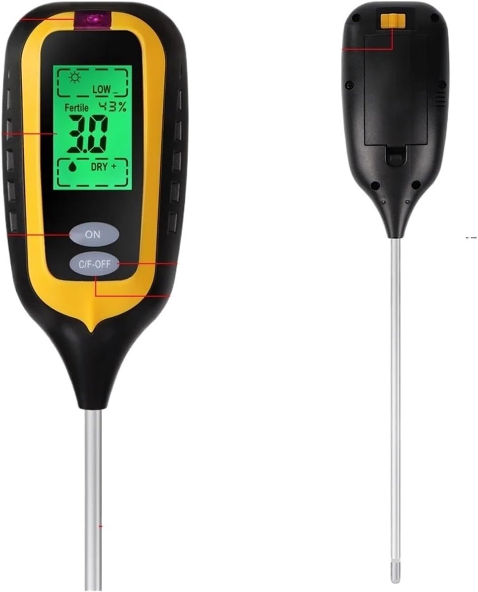 Bodemtester - Grondmeter pH-meter - Plantenverzorging - 6-in-1 meting - 10 cm sonde - Zwart