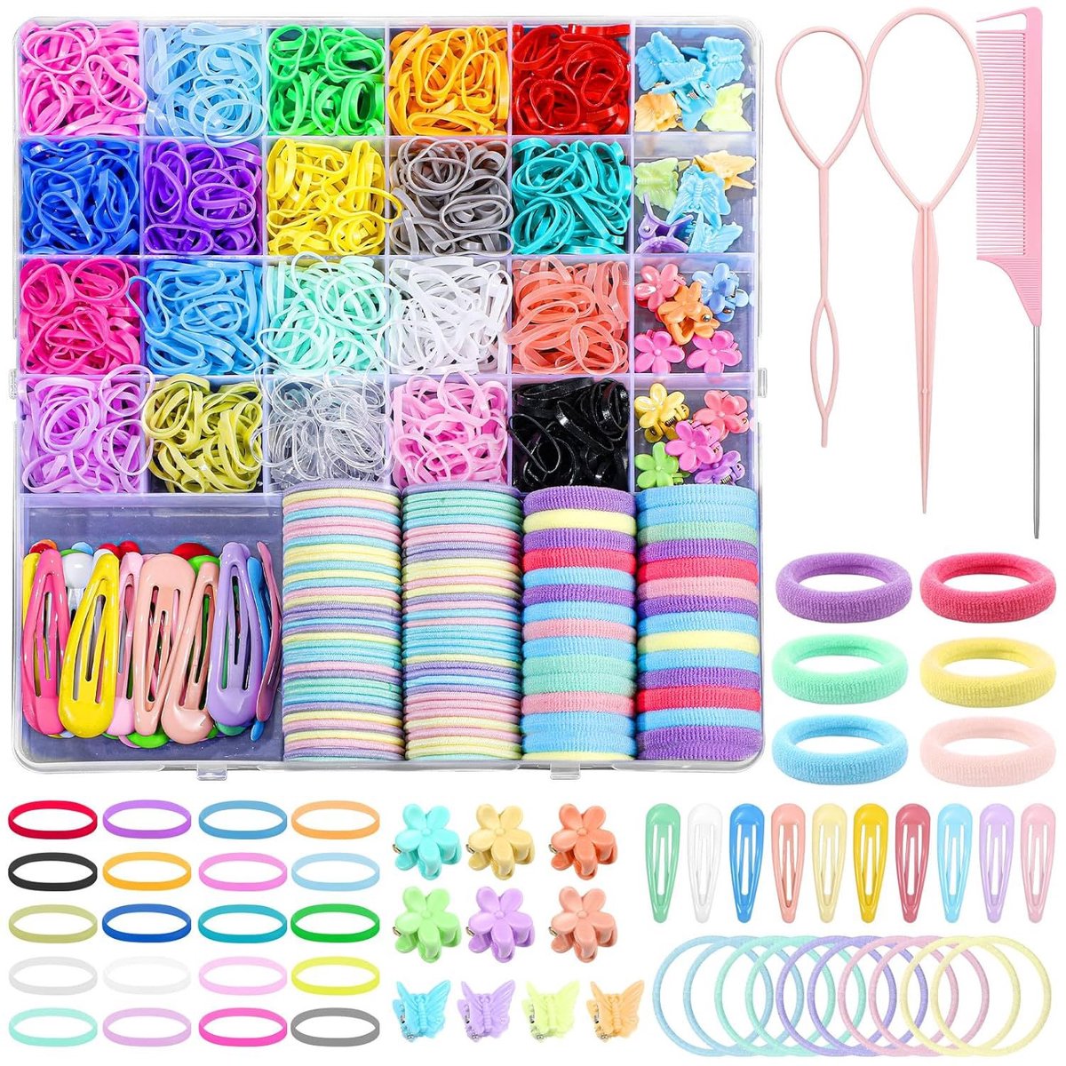 YAGXIG Haaraccessoires voor meisjes - Haaraccessoiresets voor kinderen - Setjes met elastische haarbanden - Haarelastiekjes - Met opbergdoos - Babyhaarelastiekjes - Haaraccessoires voor kinderen - Muiskammetjes - Vlinderhaarclips - Diverse kleuren -