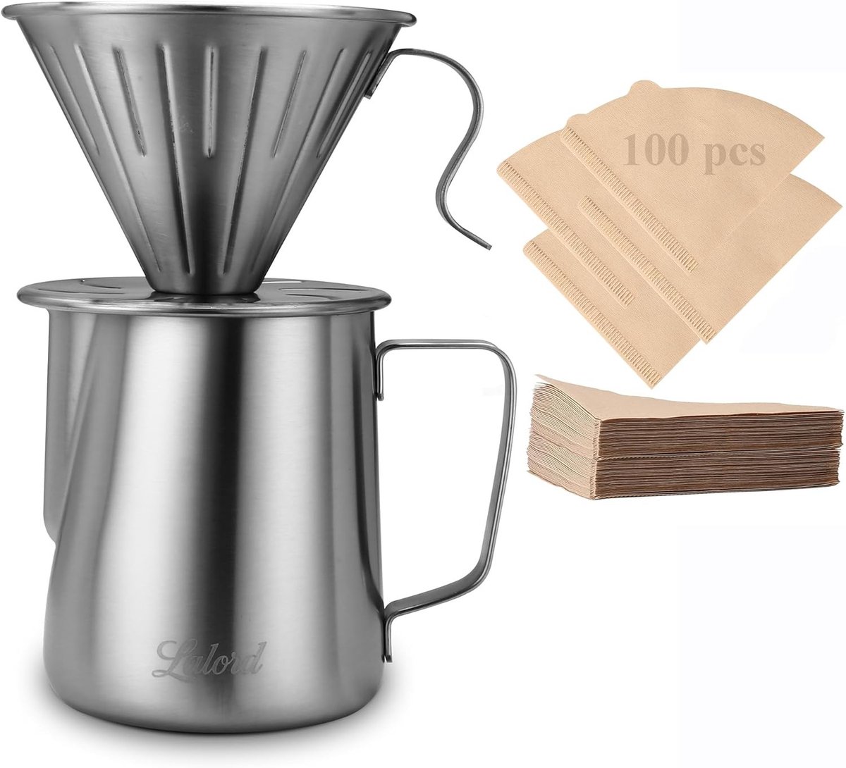 Pour Over Koffiezetapparaat - Roestvrij Staal - Inclusief 100 Papieren Filters - Voor Thuis en Camping