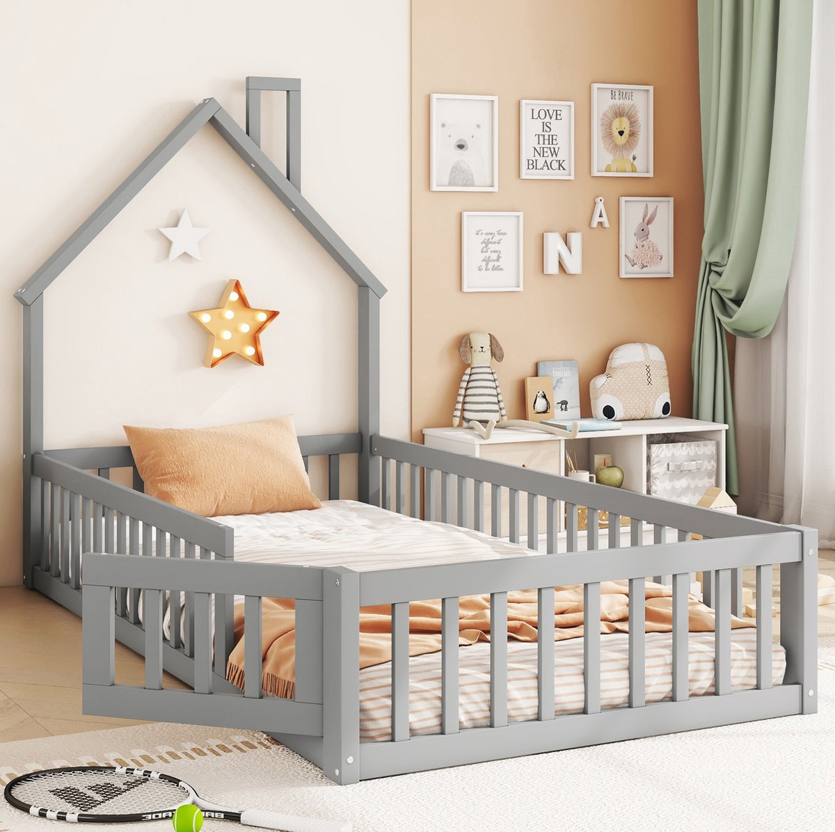 MEUNIQ kinderbed huisbed 90 x 200 cm met schoorsteenvorm, lattenbodem en veiligheidshek rondom, eenpersoons bedframe voor kinderkamer, grijs
