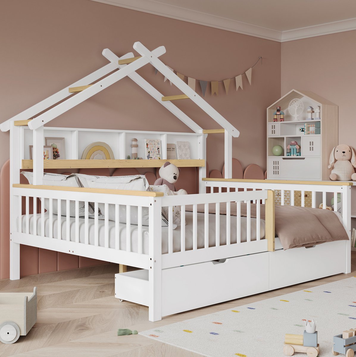 MEUNIQ Kinderbed huisbed 140x200 cm met veiligheidshek, dakdesign, 2 bedlades op wielen en opbergrek, houten bedframe voor kinderkamer, wit en naturel