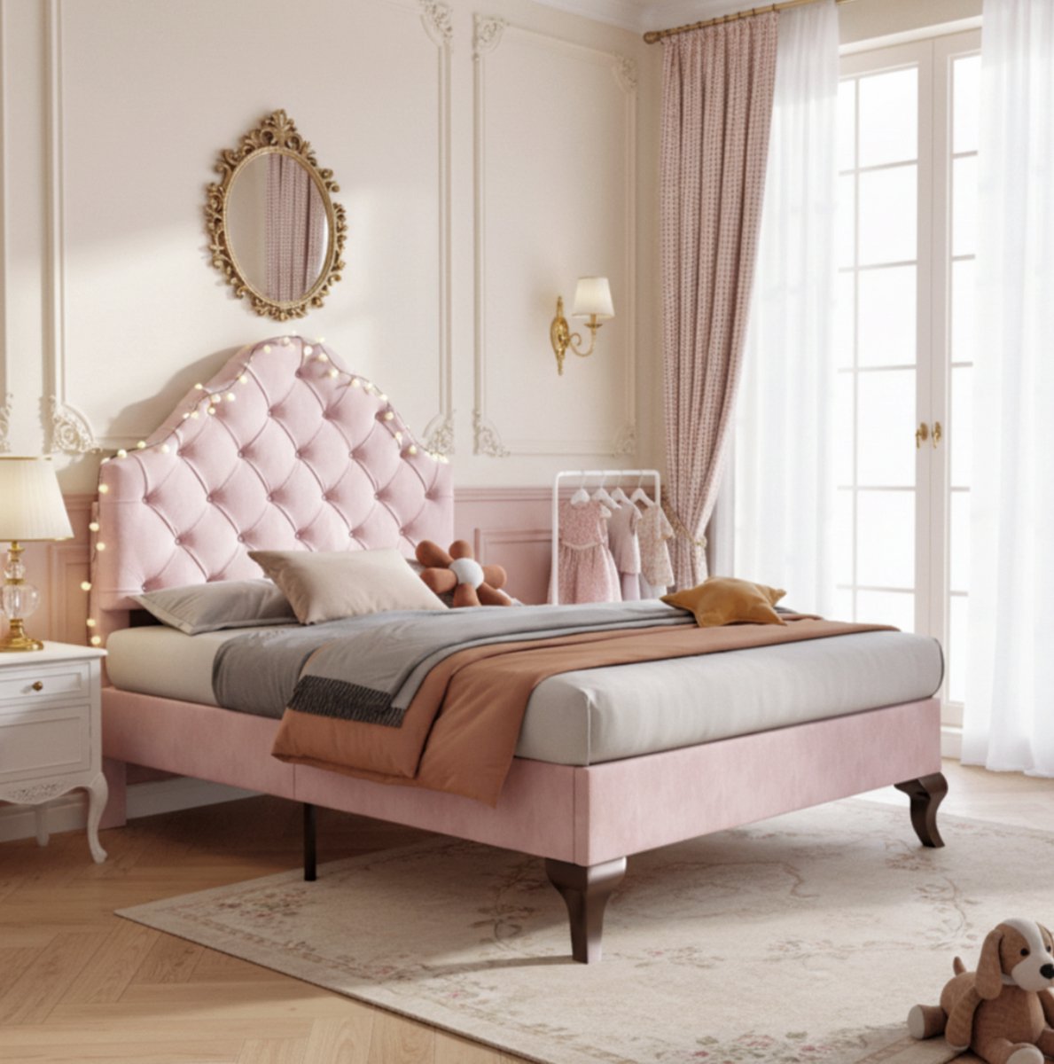 MEUNIQ gestoffeerd eenpersoonsbed 90x200 cm met lattenbodem, verstelbaar hoofdbord, fluwelen bedframe met houten latten, roze bed voor slaapkamer of jeugdkamer