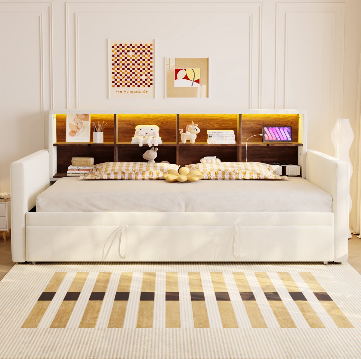 MEUNIQ slaapbank 90x190 cm met uitschuifbaar bed, opbergvakken in hoofdbord, LED-verlichting, stopcontacten, USB en USB-C, lattenbodem, beige