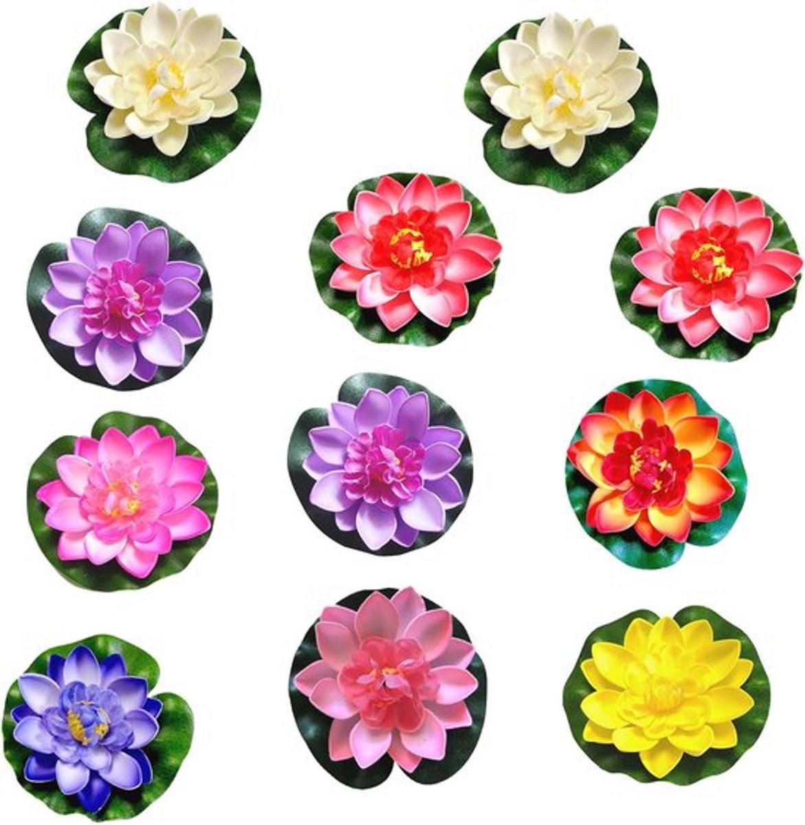Kunstmatige waterlelies - Set van 11 stuks - Drijvende vijverplanten - Lotusbloem voor aquarium en tuin - Veelkleurig - 10 cm