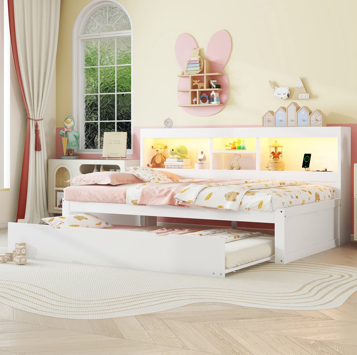 MEUNIQ bedbank 90x200 cm met uitschuifbed, LED-verlichting, opbergvak, stopcontact en USB, wit, zonder matras