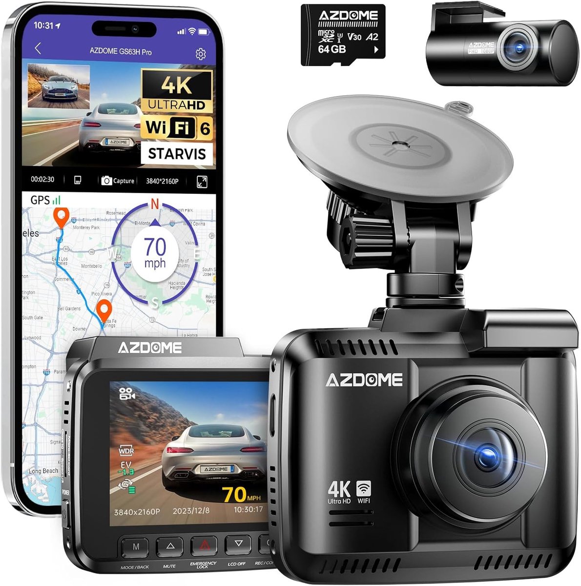 Dashcam Auto Voor en Achter - 4K UHD - GPS - WiFi 6 - Nachtzicht - Parkeerbewaking