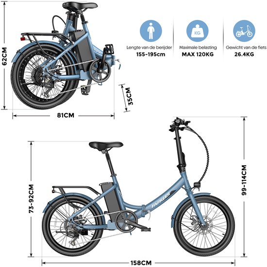 FAFREES F20 Light Opvouwbare Elektrische Fiets - 36V 20Ah Accu, 100km Bereik, 20" Banden, 7-Speed Shimano Blauw van FAFREES — afbeelding 4
