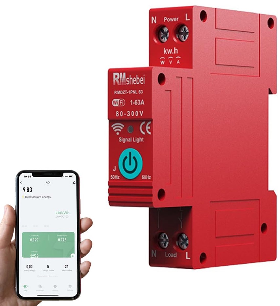 Intelligente Stroomonderbreker - Slimme Schakelaar - Energiebeheer Thuis - Automatische Hersluiting - 87 x 18.3 x 71.4 mm - Grijs