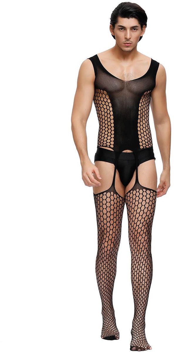 Zeloria Heren Bodystocking Visnet Catsuit – Transparante Heren Lingerie met Jarretel Look – Bodystocking voor Mannen – Mesh Stretch Bodysuit – Zwart – L/XXL