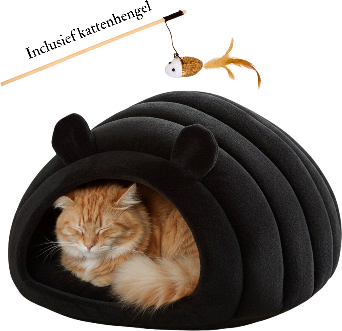 Janse® Kattenmand - Inclusief kattenhengel - Kattenspeeltje - Zwart - Kattenhuis - Dierenmand - Kattenbed - Poezenmand - Kattenkussen - Kattenhol - Cat cave - Poezen speelgoed