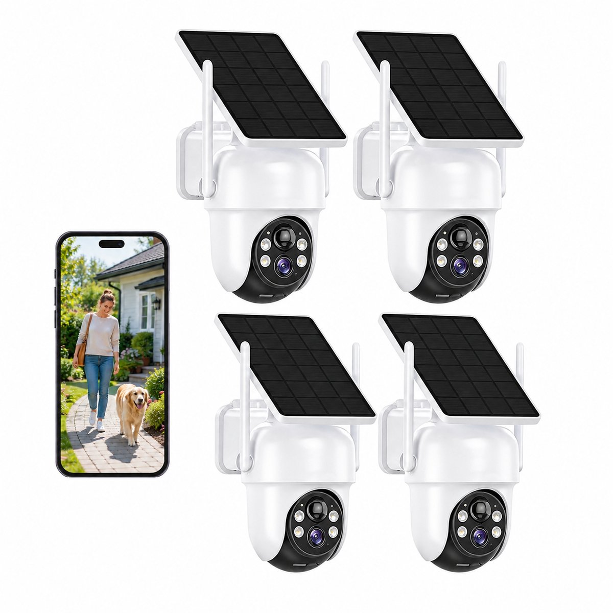 Solarcamera Buiten 4MP - Draadloze Beveiligingscamera met 360° Dekking, Geïntegreerd Zonnepaneel en AI Bewegingsdetectie 4pcs