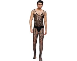 Zeloria Heren Bodystocking Visnet Catsuit – Transparante Heren Lingerie met Kant – Bodystocking voor Mannen – Mesh Stretch Bodysuit – Zwart – XS/M