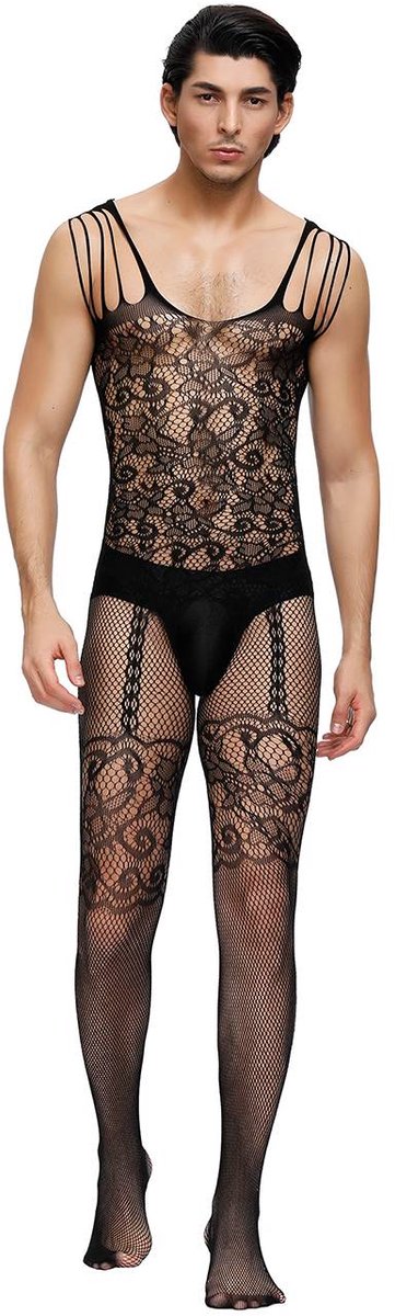 Zeloria Heren Bodystocking Visnet Catsuit – Transparante Heren Lingerie met Kant – Bodystocking voor Mannen – Mesh Stretch Bodysuit – Zwart – XS/M