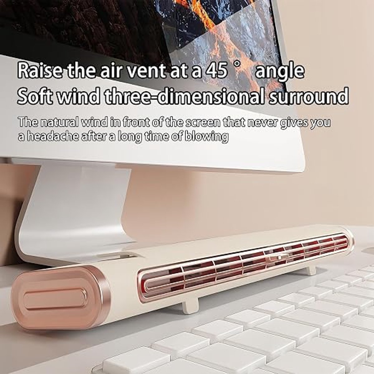 CHEN LONG SARL Staande torenventilator USB oplaadbaar, multifunctionele bladloze bureauventilator voor scherm, muur en tafel, stille ventilator voor slaapkamer kantoor studentenkamer, verstelbare luchtuitlaat, grote luchtvolume, crème roségoud design thumbnail 3
