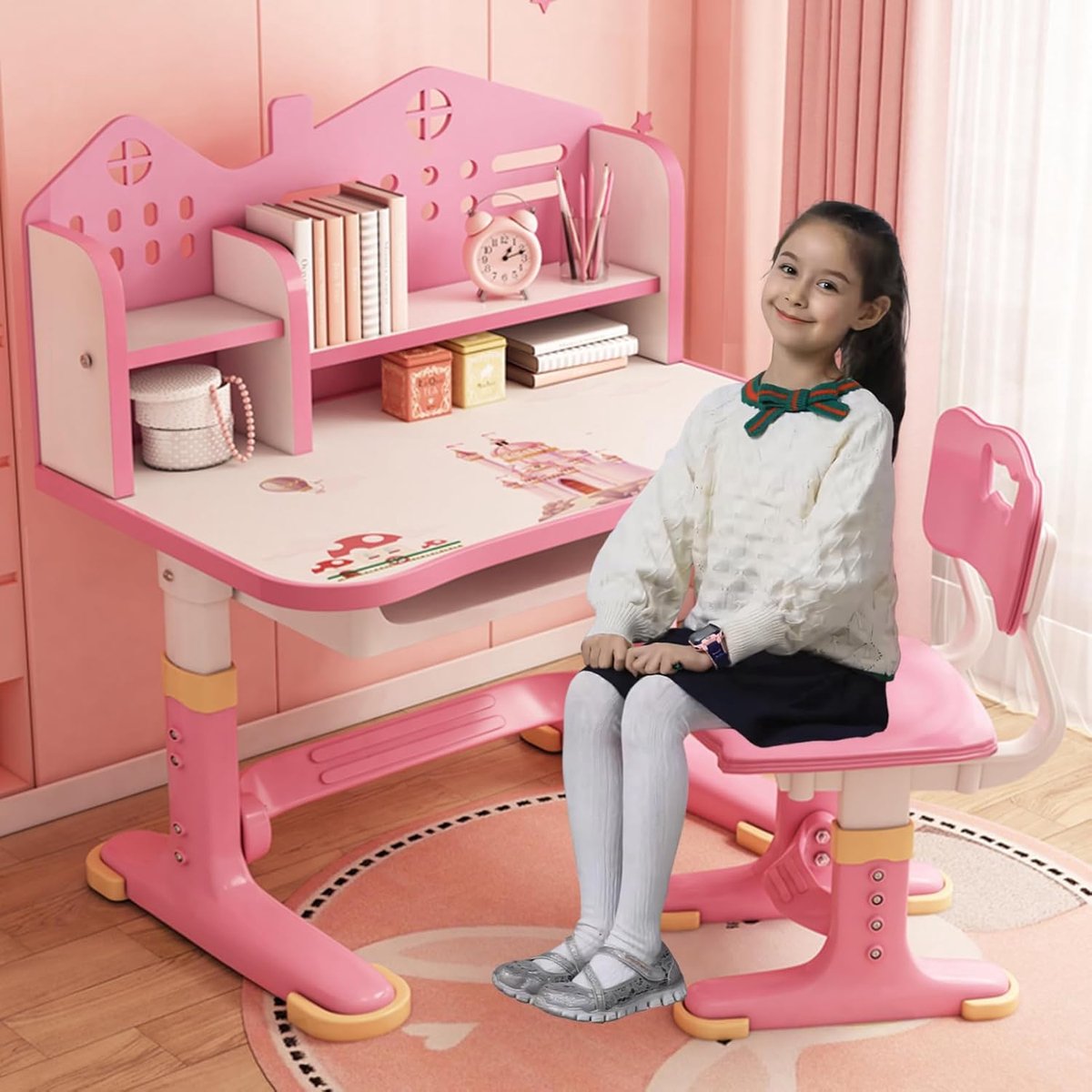 Kinderbureau en Stoel - Studie Set - Leren en Tekenen - In Hoogte Verstelbaar - 62.5 cm Hoog - Roze