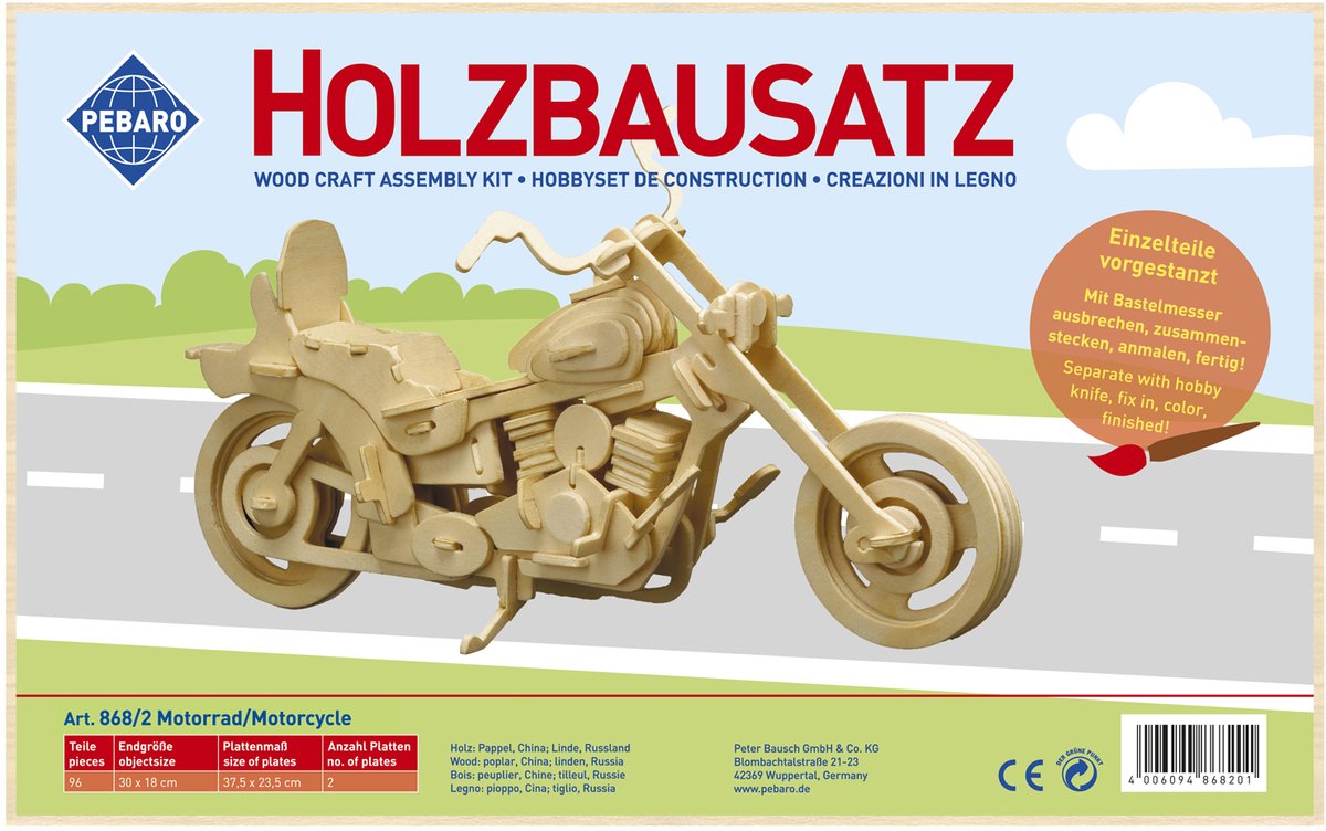 Pebaro houten bouwset motorfiets - uitdagende houten puzzel.