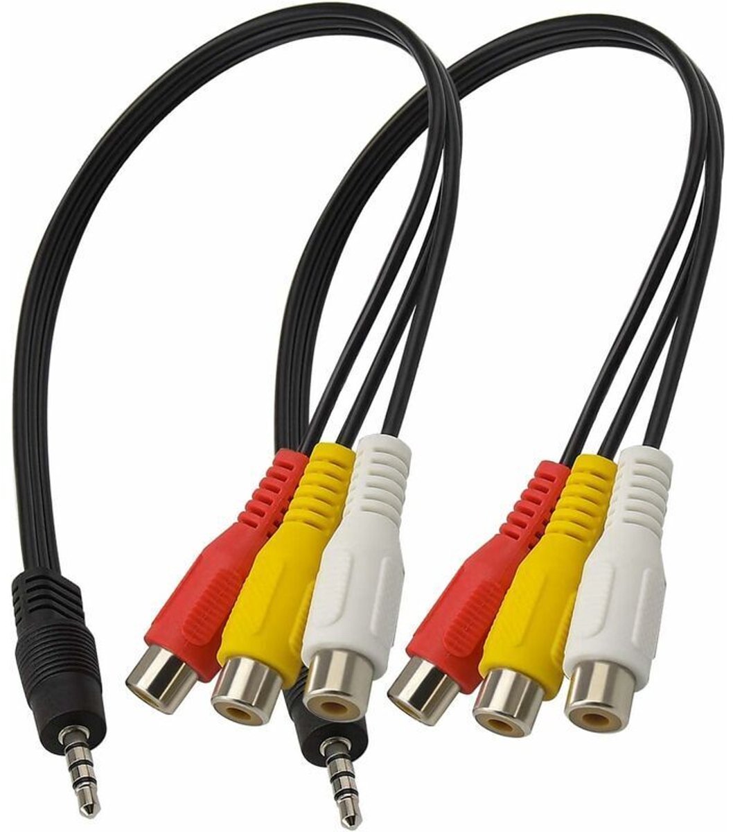 Two adapter cables, 3.5 mm male to 3 RCA female, 25 cm long, suitable for RCA stereo connection, AV audio/video and AUX interfaces.
