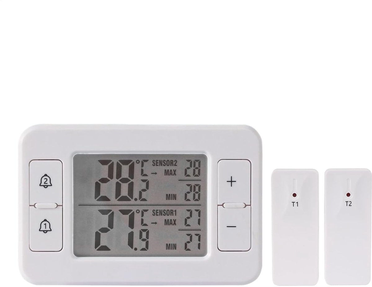 Vriezer Thermometer - Koelkastmeter Temperatuurmonitor - Temperatuur Bewaken - Dubbele Sensor Alarm - 100m Bereik - Wit