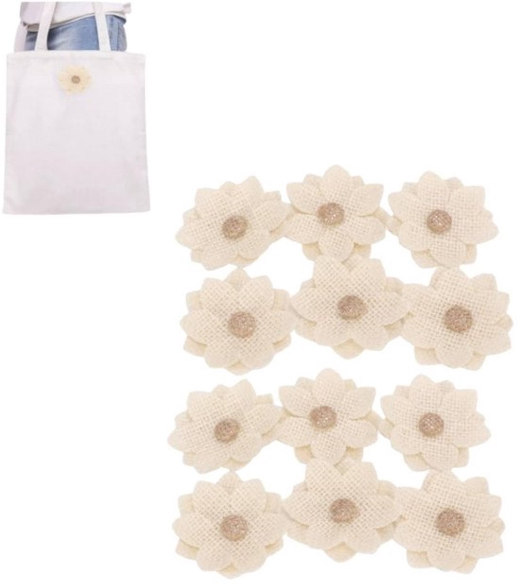 Handgemaakte jute bloemen, 12 stuks, natuurlijk materiaal