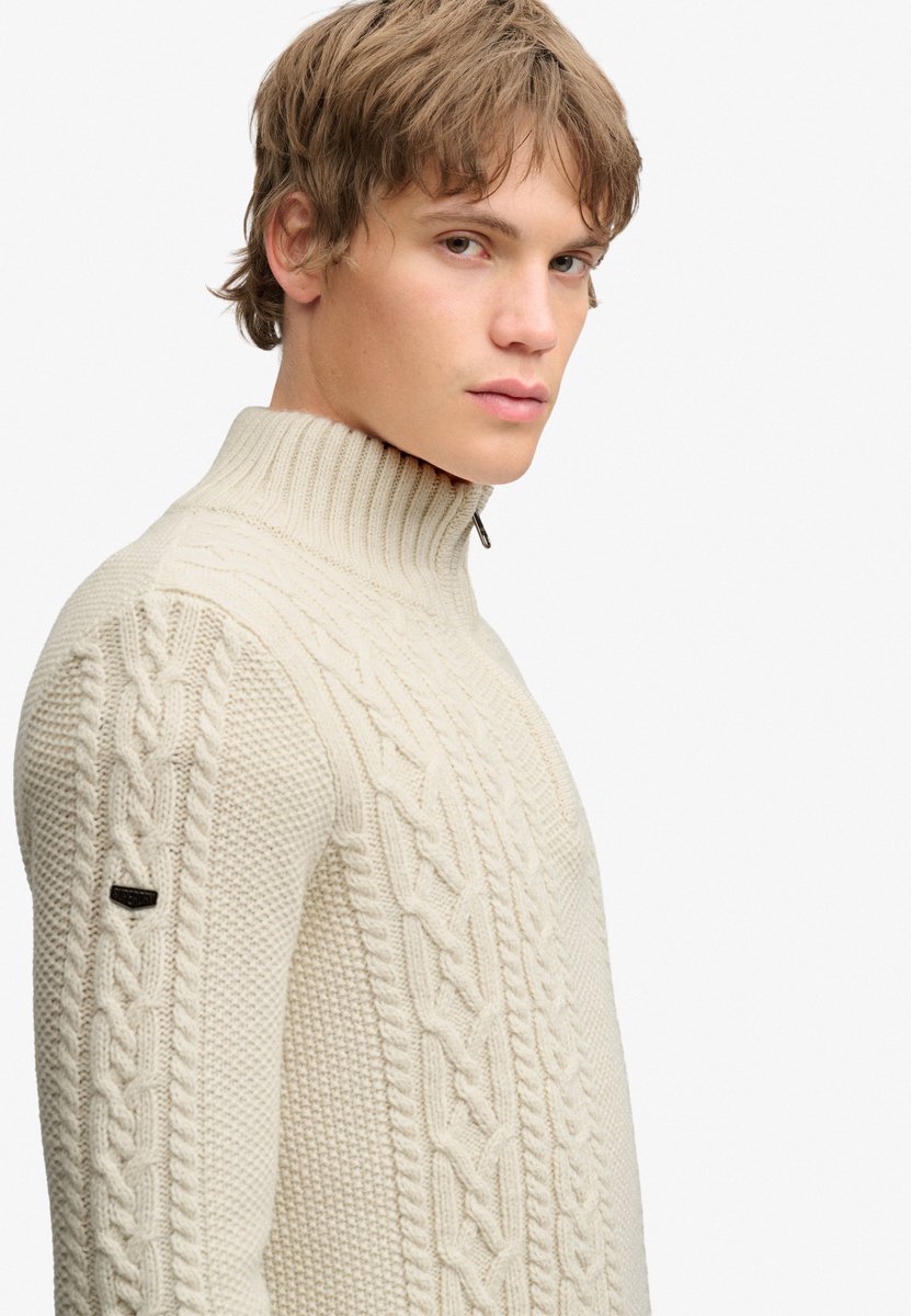 Superdry Jacob Cable Gebreide Trui Met Halve Rits Heren Sweaters Creme