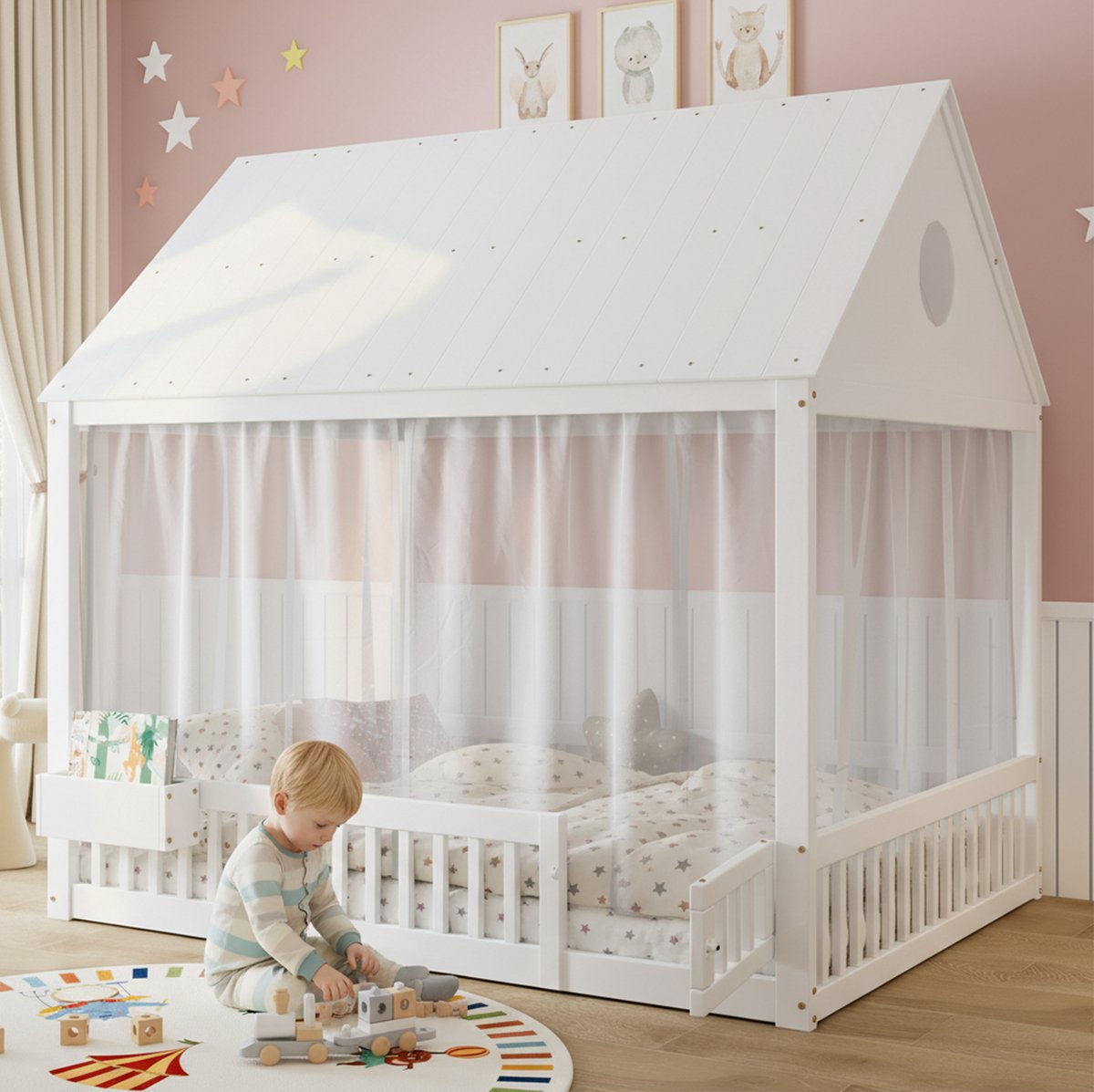 MEUNIQ kinderbed huisbed 140x200 cm met lattenbodem, klein opbergvak en witte gordijntjes, bedframe van grenen, MDF en multiplex voor de kinderkamer, wit