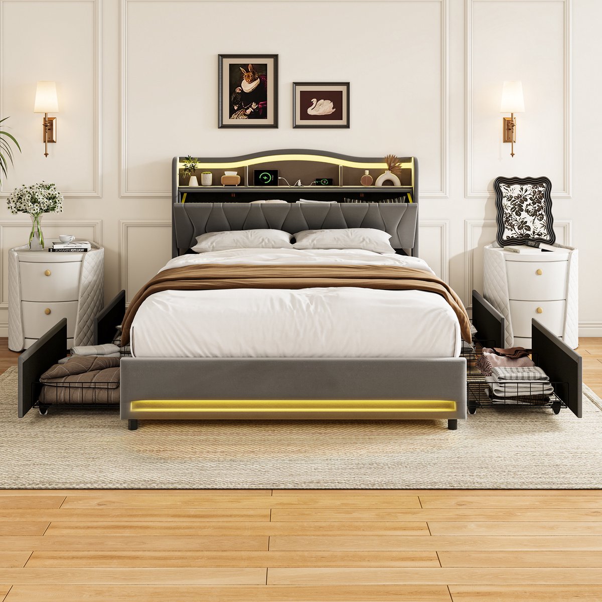 Solvenrik Velvet Opbergbed Grijs 160x200 met LED en 4 Lades – Gestoffeerd Bed