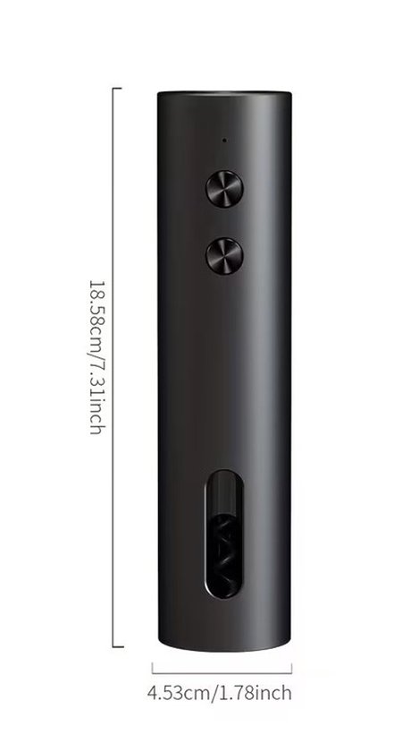 Zwarte Cliton elektrische wijnopener met twee knoppen, USB-C oplaadpoort en afmetingen van 18,58 cm hoog en 4,53 cm breed.