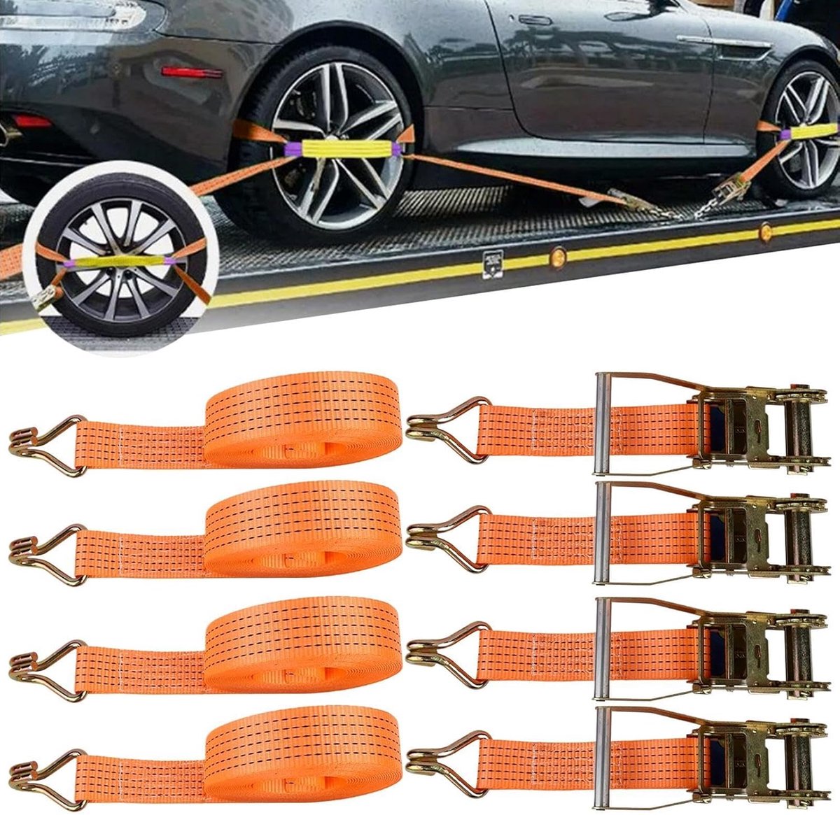 Autospanbanden set - Wielvastzetbanden aanhanger - Lading zekeren - Schadevoorkomend ontwerp - 4-delig - Zwart