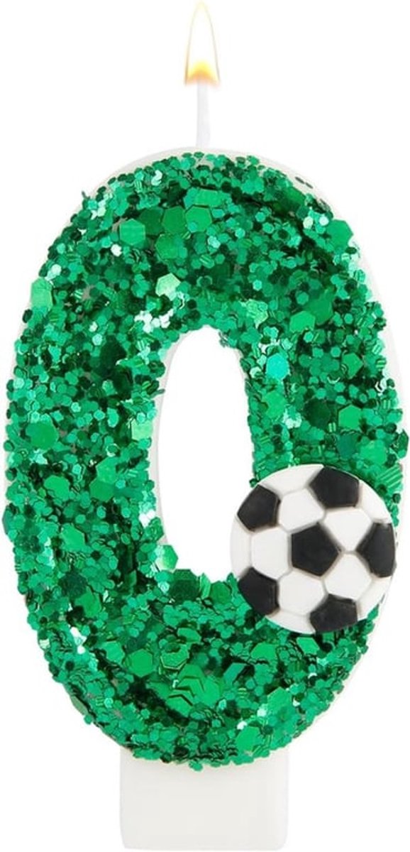 Verjaardagscijferkaars - Groene Voetbal Verjaardagskaarsen met Glanzende Pailletten - Cijferkaarsen Voetbal Taartdecoratie voor Verjaardagsfeesten - Jubilea - Vieringen (Cijfer 0)