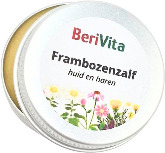 BeriVita frambozenzalf potje met bloemenillustratie.