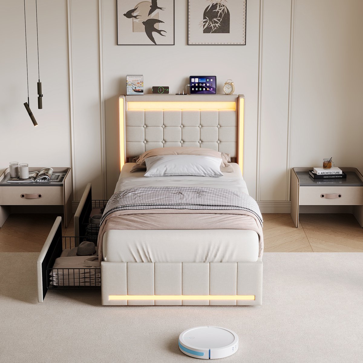 Beige Bed 90x200 met Lades – LED & USB Type-C – Wingback Gestoffeerd Linnen Bed