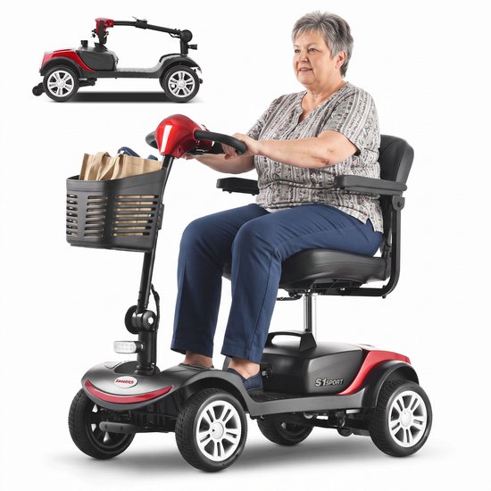 Rode scootmobiel met mandje voorop, waarin een vrouw zit. Kleinere afbeelding van de scootmobiel bovenin.