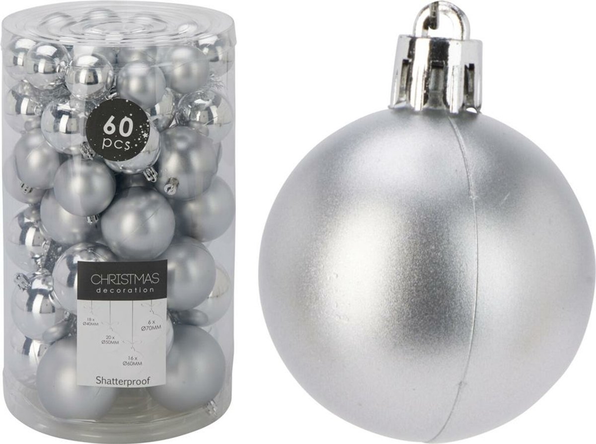 Onbreekbare Kerstballen Set Zilver - 60 stuks - Mix Ø 4, 5, 6 & 7 cm - Kunststof Kerstballen