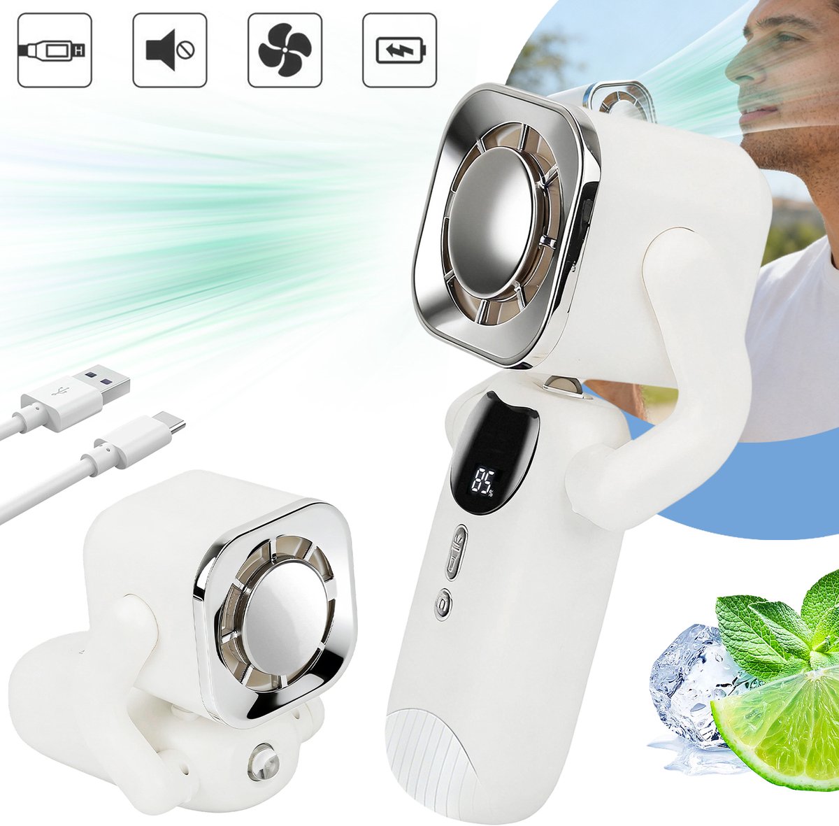 Draagbare Opvouwbare Ventilator Met LED-Scherm - USB-C Oplaadbaar - 4000 mAh Tot 10 Uur Gebruiksduur - Stille Turbokoeling Voor Thuis Op Kantoor En Op Reis - Wit