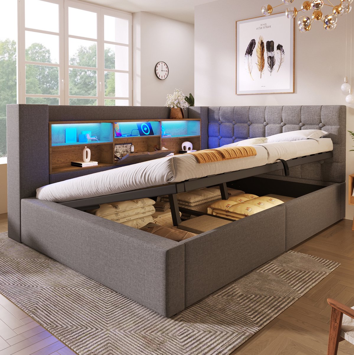 MEUNIQ Gestoffeerd tweepersoonsbed 140x200 cm met matras, LED-verlichting, hydraulische opbergruimte, L-vormig hoofdbord met opbergvakken en USB, grijs