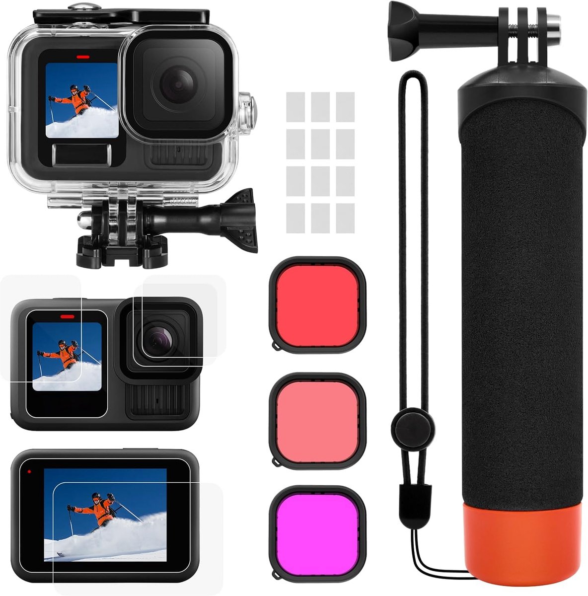 Accessoireset voor GoPro Hero 13 12 11 10 9 Black, waterdichte beschermhoes behuizing onderwater drijvende handgreep displaybescherming rood filter, eenhandse onderwater-fotoserie set