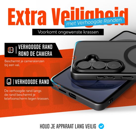 Zwart telefoonhoesje met verhoogde randen rond de camera en het scherm voor extra bescherming tegen krassen.