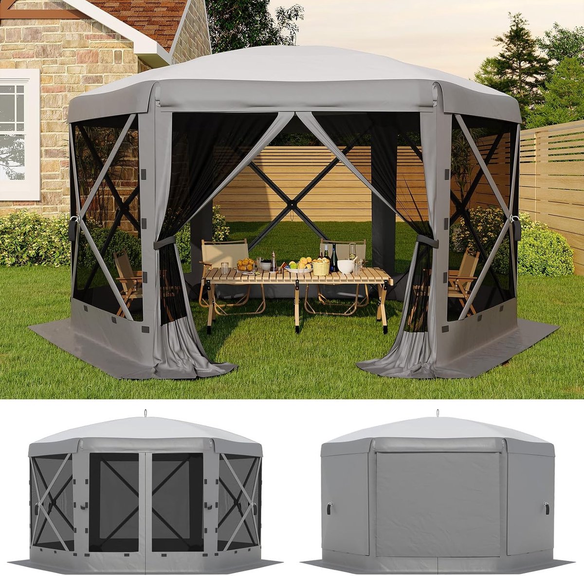 Partytent Hexagonale met Gaas & Afneembare Zijwanden - 350x350x220cm - Pop-up Paviljoen - Waterafstotend - Buitentent voor Camping, Tuinfeest, Evenementen - Donkergrijs + Lichtgrijs