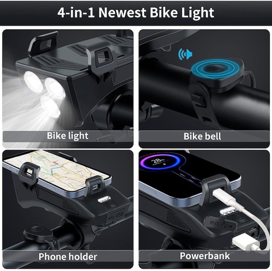 Fietsverlichting - Fietslamp - TENZHVXI® - Met telefoonhouder - 2000 mAh - 130 dB claxon - 3 verlichtingsstanden - Met achterremlicht - Waterdicht - USB-opladen - Zwart — afbeelding 2