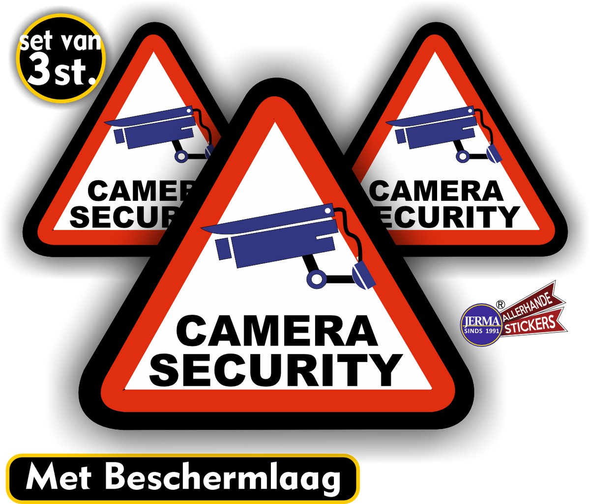 Jerma - Camera Security - Sticker - 1 van 15 cm - 2 van 10 cm - Zelfklevend - Weerbestendig - Vinyl